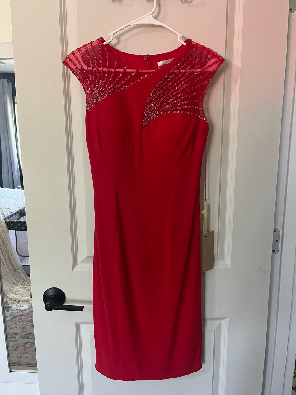 Elegant Red Beaded Cap-Sleeve Sheath Dress